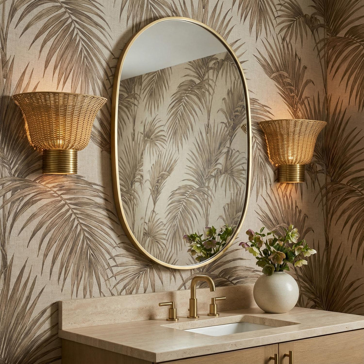 Bessie Wall Sconce 10", Rattan and Brushed Brass