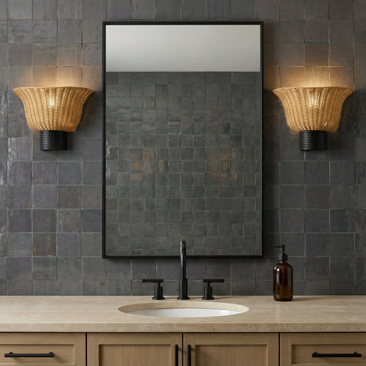 Bessie Wall Sconce 10, Rattan and Matte Black for Modern home with Dark Gray Tile