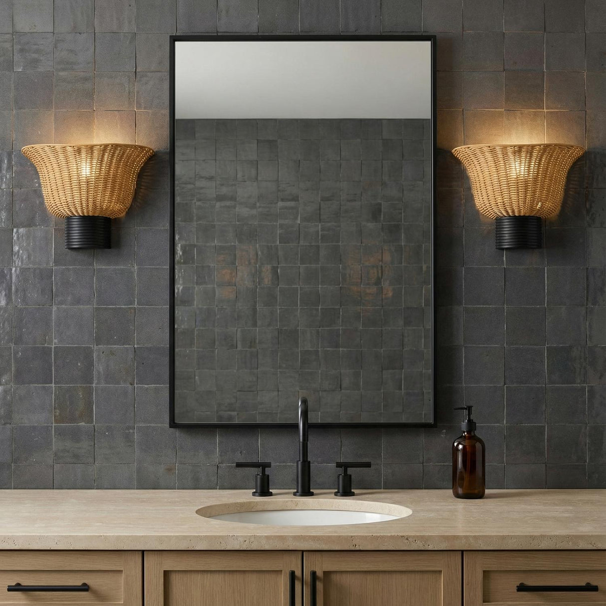 Bessie Wall Sconce 10, Rattan and Matte Black for Modern home with Dark Gray Tile