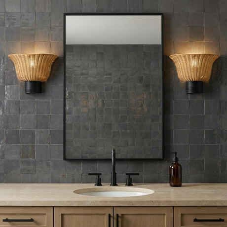 Bessie Wall Sconce 10, Rattan and Matte Black for Modern home with Dark Gray Tile