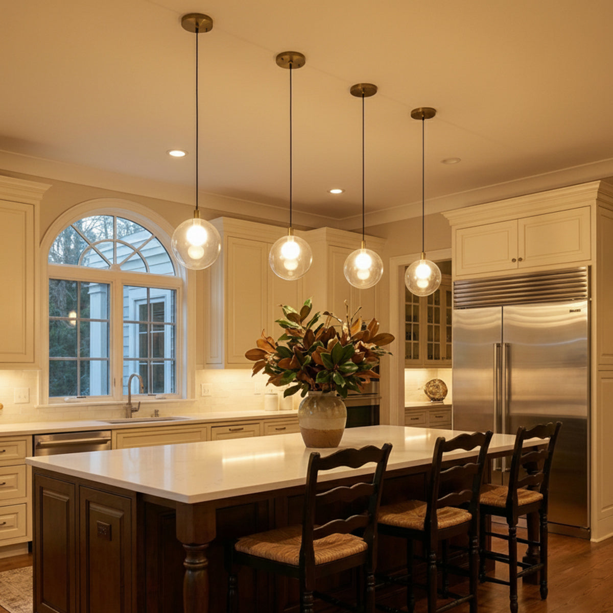 Soren LED Pendant 5, Brushed Brass and Clear Glass for Traditional home with Cream Shiplap