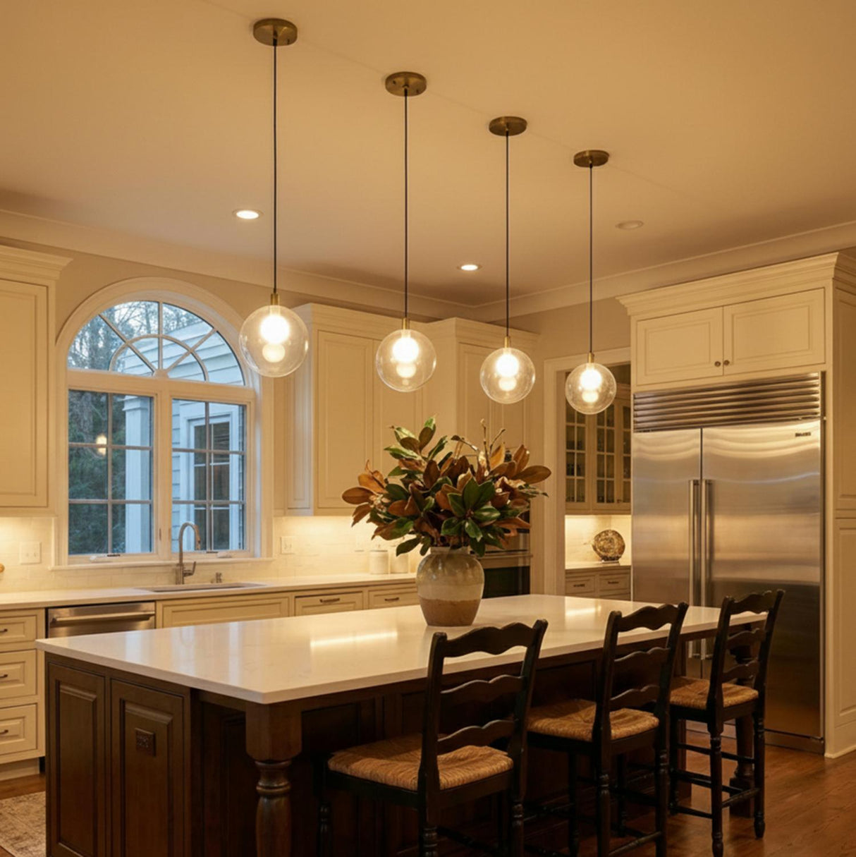 Soren LED Pendant 5, Brushed Brass and Clear Glass for Traditional home with Cream Shiplap