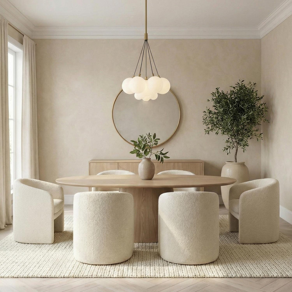Soren Brushed Brass and Opal Glass globe Chandelier in a Modern Dining Room with an oval oak table and bouclé chairs.