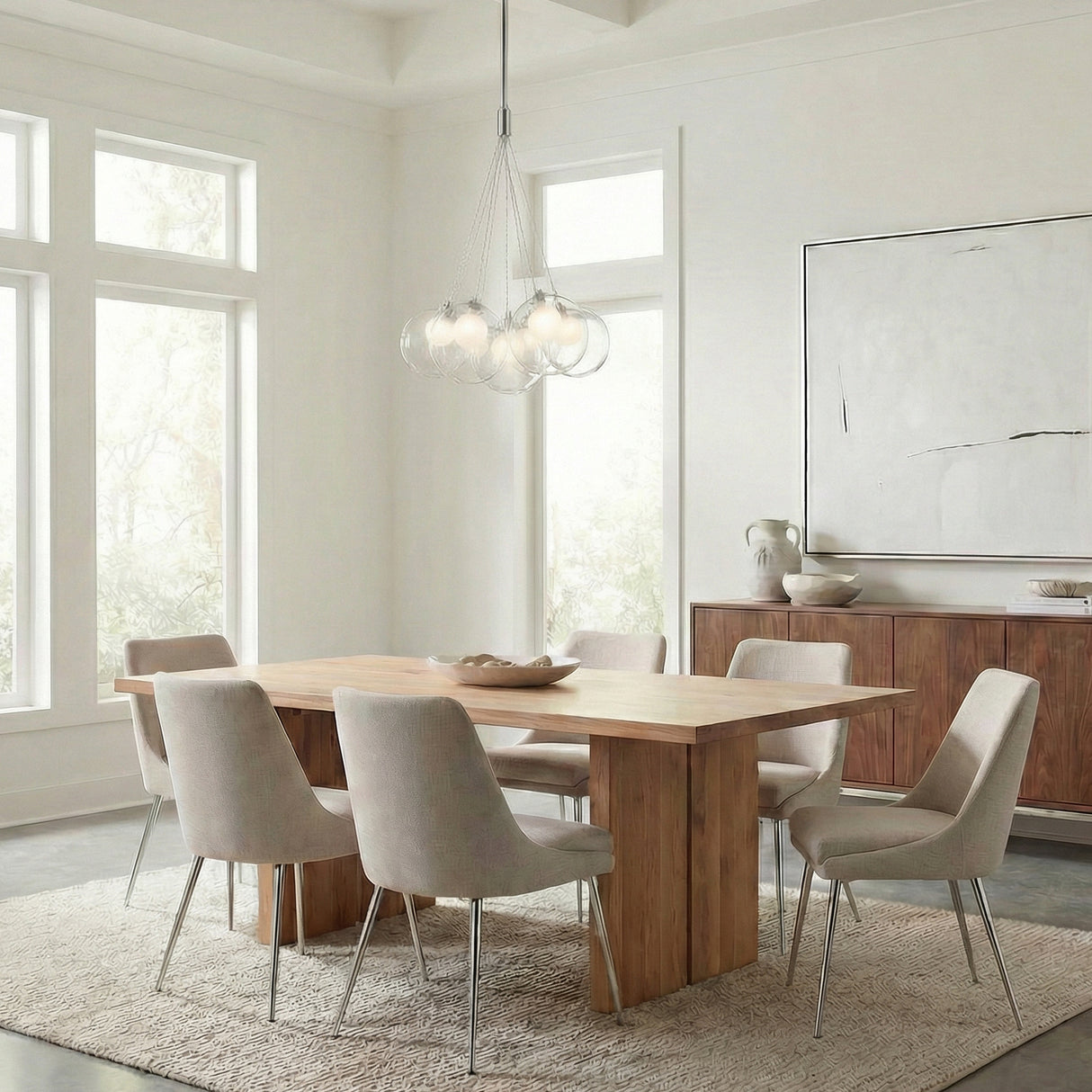 Soren 7 Light LED Chandelier 16", Chrome and Clear Glass globe Chandelier in a Contemporary Dining Room with a rustic oak table.