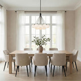 Soren 19 Light LED Chandelier 28", Matte Black and Opal Glass globe chandelier in a Transitional Dining Room with a light oak table.