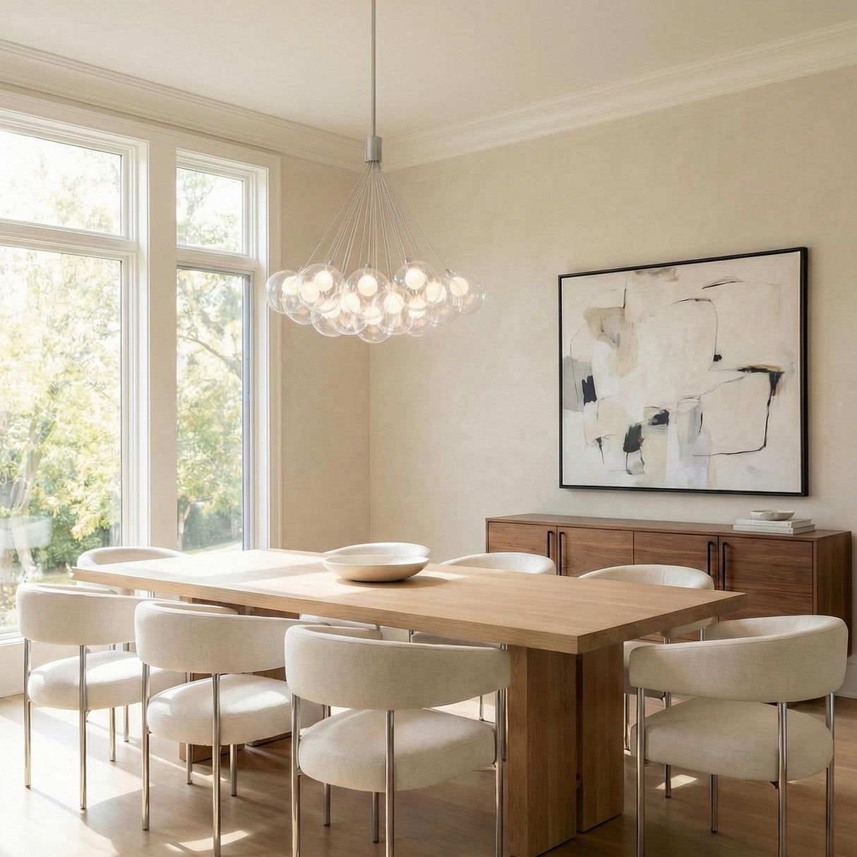 Soren 19 Light LED Chandelier 28", Chrome and Clear Glass globe Chandelier in a Contemporary Dining Room with a light oak table.