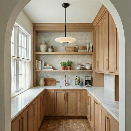 Callan Black and Opal Glass geometric pendant in a Transitional Kitchen with oak cabinets and white marble.