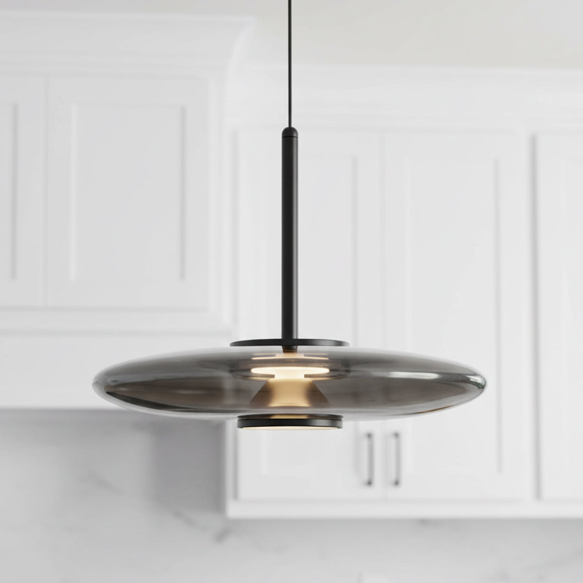 Callan LED Pendant 18", Black and Smoke Glass for Modern home with White Shiplap