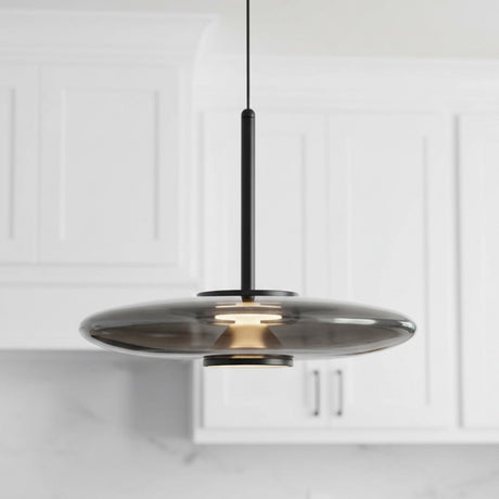 Callan LED Pendant 18", Black and Smoke Glass for Modern home with White Shiplap