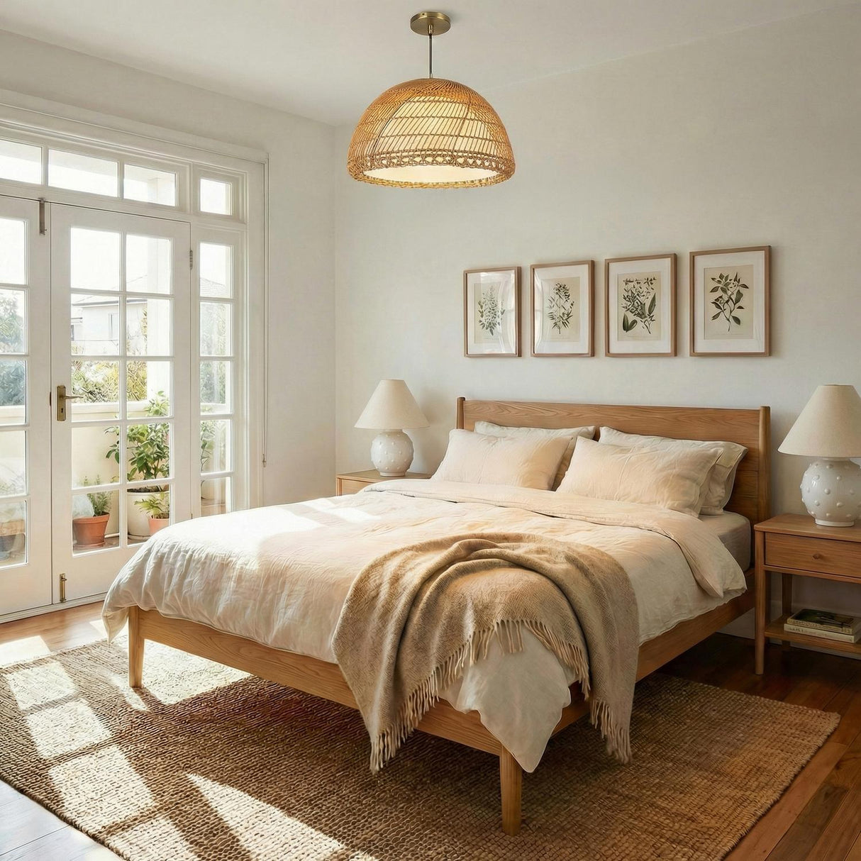 Montauk Pendant 24", Rattan with Opal Glass Brass woven Pendant in a Coastal Bedroom with a light oak bed and jute rug.