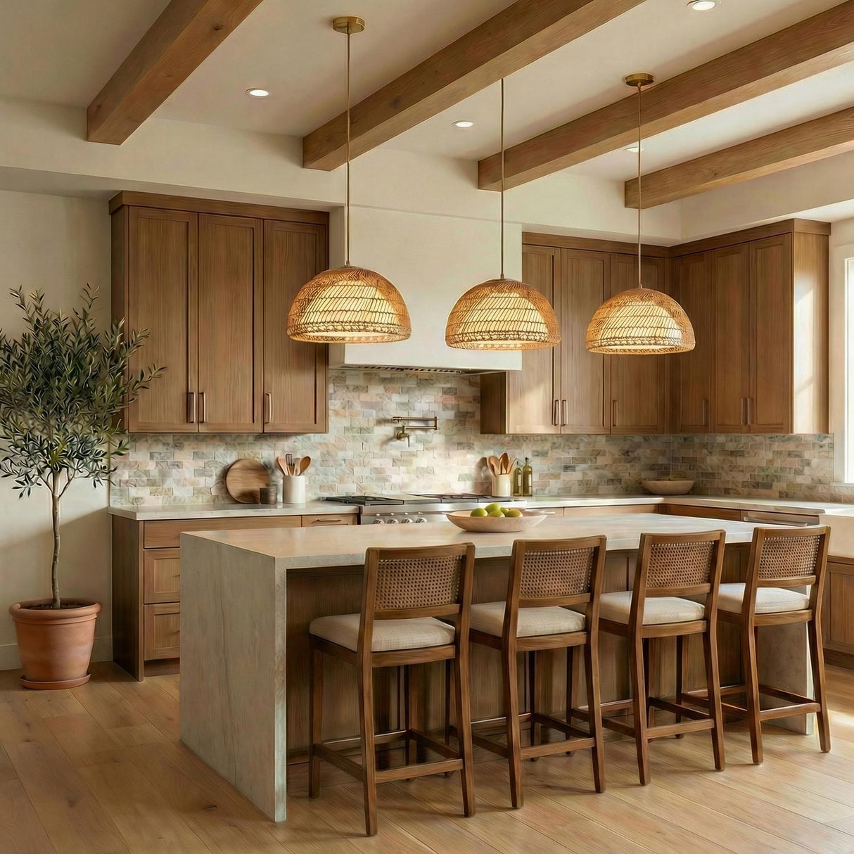 Montauk Pendant 16", Rattan with Brass woven dome Pendant in a Modern Farmhouse Kitchen with a marble island and cane bar stools.