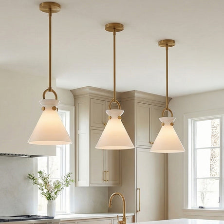 Aris Small Pendant 11, Aged Brass and Milk Glass for Modern Farmhouse home with White Cabinetry