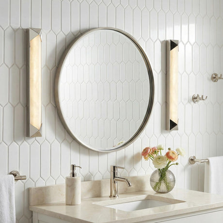 Lunaire LED Wall Sconce 25", Polished Nickel and Alabaster for Modern home with White Tile