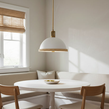 Alverna Pendant 16, Matte White with Rattan Accents - Pendant light hanging over a white round table in a breakfast nook