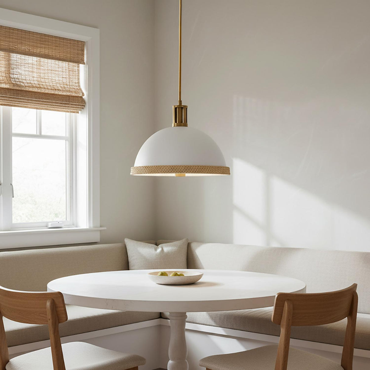 Alverna Pendant 16", Matte White with Rattan Accents