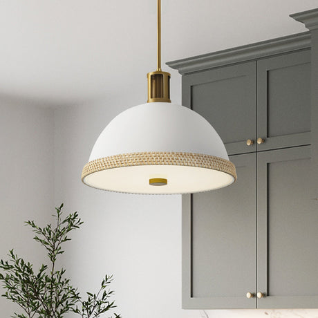 Alverna Pendant light 16", Matte White with Rattan Accents is shown in a kitchen with green-grey cabinets.