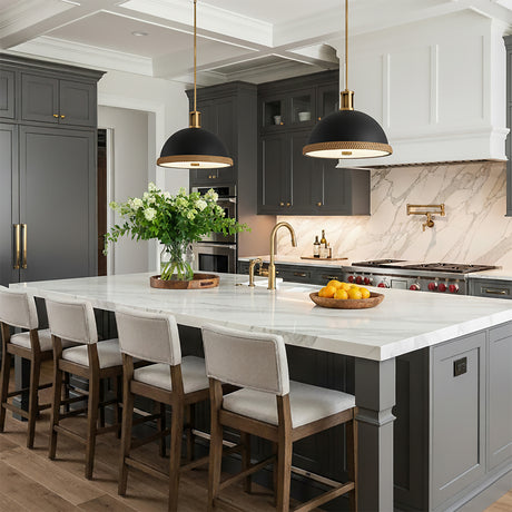 Alverna Pendant 16, Matte Black with Rattan Accents for Modern Farmhouse home with Gray Cabinetry