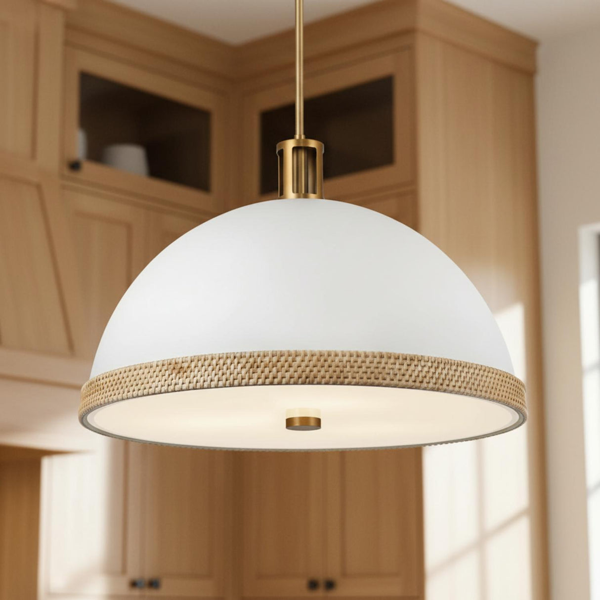 Alverna Pendant 24" Matte White with Rattan Accents for Modern Farmhouse home with Light Wood Cabinetry