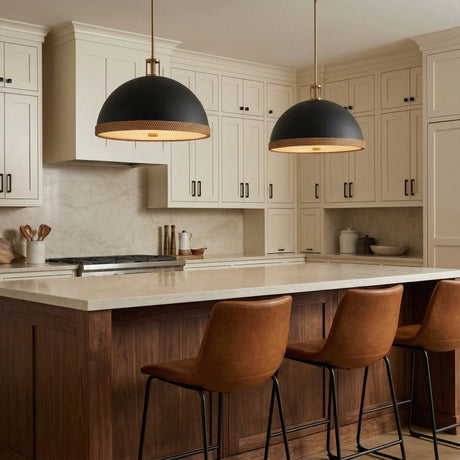 Matte Black & Brass woven dome pendant in a Transitional Kitchen with a walnut island and leather stools.