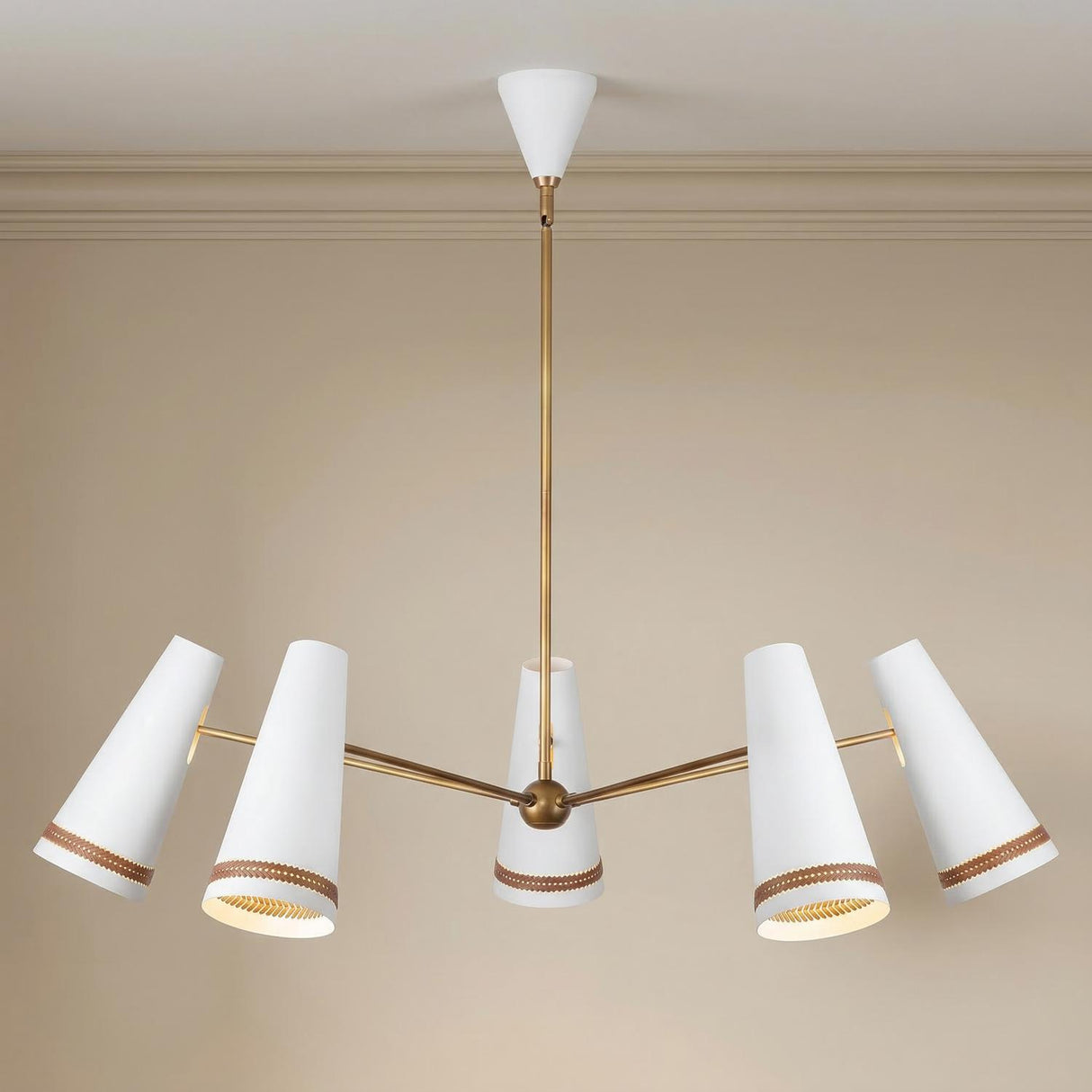 Darien 5 Light Chandelier 45", Matte White with Hazelnut Leather
