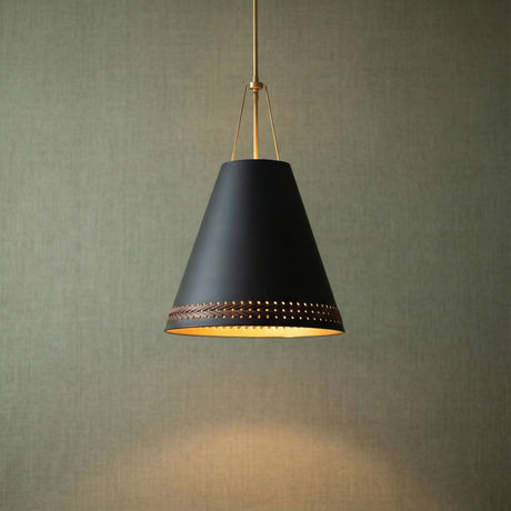 Darien Pendant 20", Matte Black with Hazelnut Leather for Transitional home with Textured Wallpaper