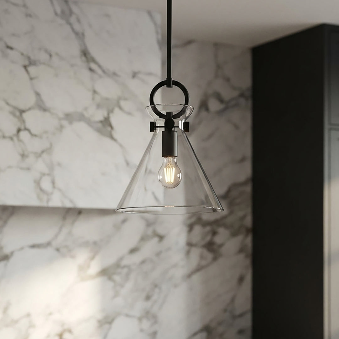 Aris Small Pendant 11, Matte Black and Clear Glass for Modern home with Marble