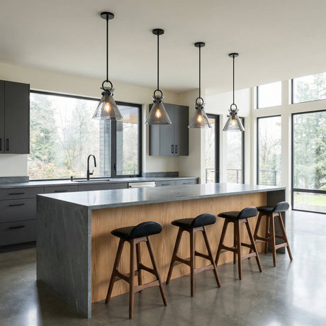 Aris Small Pendant 11 in Matte Black and Smoke Glass for Modern home with Gray Countertops