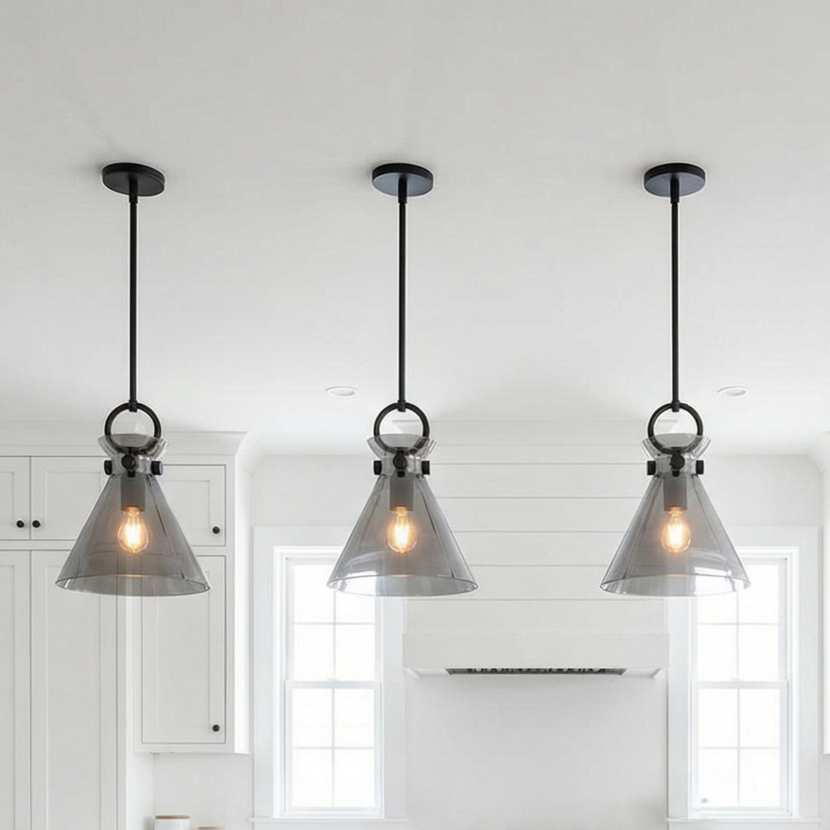 Aris Small Pendant 11, Matte Black and Smoke Glass for Modern Farmhouse home with White Shiplap