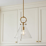 Aris Medium Pendant 14", Aged Brass and Clear Glass for Modern Farmhouse home with Cream Shiplap