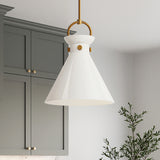Aris Medium Pendant light 14", Aged Brass and Milk Glass, shown in a kitchen with green-grey cabinets.