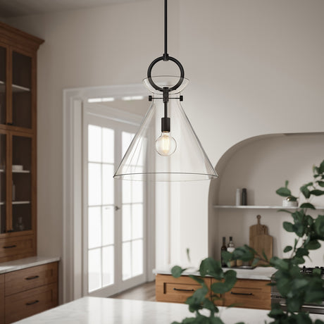 Aris Large Pendant 18", Matte Black and Clear Glass hanging in a bright kitchen  with cream walls and oak cabinets.