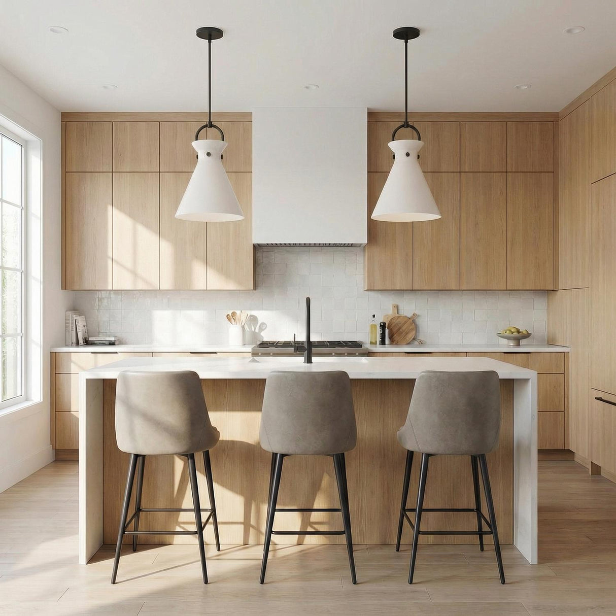 Aris Matte Black and White geometric pendant in a Modern Kitchen with a white marble island and light wood cabinets.