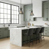 Aris Large Pendant 18", Matte Black and Smoke Glass geometric Pendant in a Modern Farmhouse Kitchen with a white marble island.