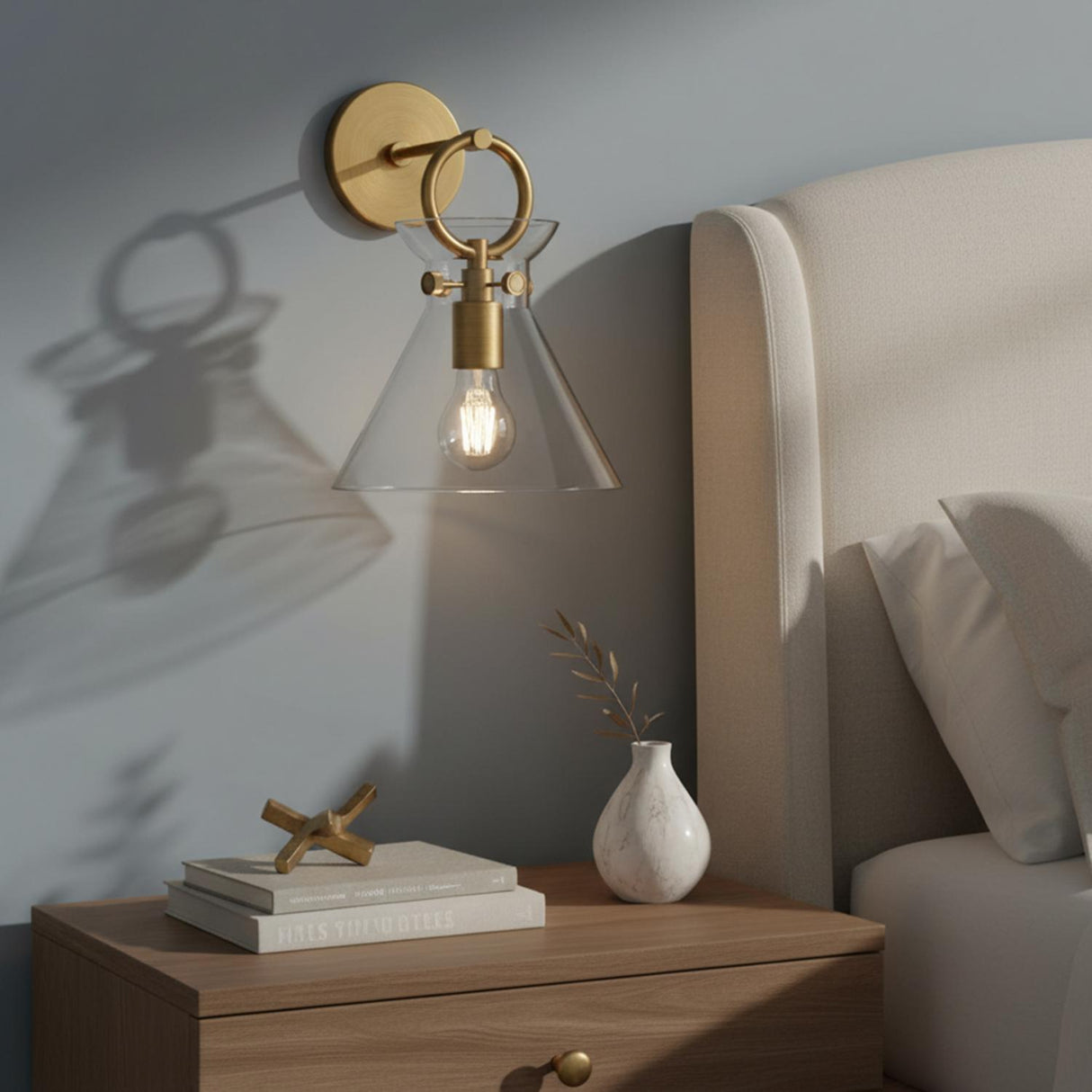 Aris Wall Sconce 13", Aged Brass and Clear Glass