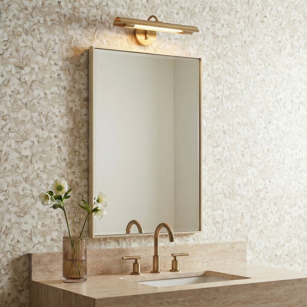 Linden LED Vanity Light 14" Aged Brass in a transitional bathroom with stone countertop.