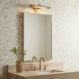 Linden LED Vanity Light 14" Aged Brass in a transitional bathroom with stone countertop.