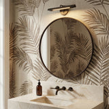 Linden LED Vanity Light 14, Urban Bronze styled in a Modern Bathroom with marble countertop and palm print wallpaper.
