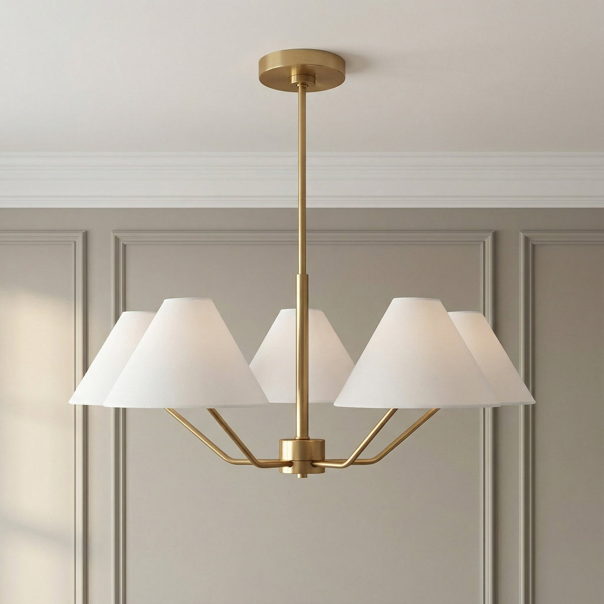 Wallace 5 Light Chandelier 30", Satin Brass for Transitional home with Beige Walls