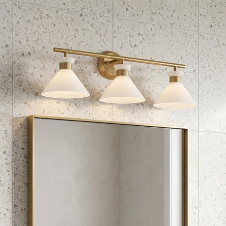 Issa 3 Light Vanity, Satin Brass for Modern home with White Tile