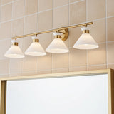 Issa 4 Light Vanity, Satin Brass for Modern home with Beige Tile