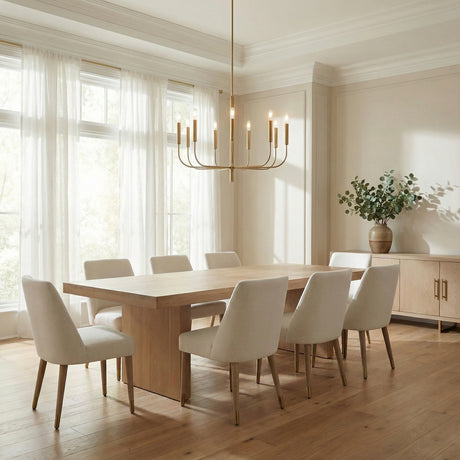 Thayer 10 Light Chandelier 30", Modern Brass linear Chandelier in a Transitional Dining Room with an oak table and sheer curtains.