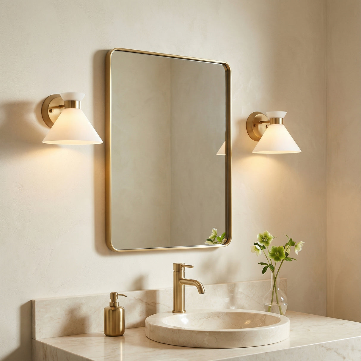 Issa Wall Sconce 7" Satin Brass for Modern home with Beige walls