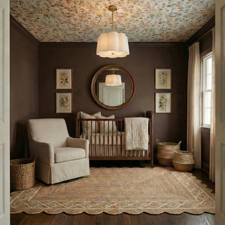 Odelia Medium Pendant 22", White and Brass scalloped Pendant in a Transitional Bedroom with floral wallpaper ceiling and a wooden crib.