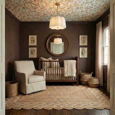 Odelia Medium Pendant 22", White and Brass scalloped Pendant in a Transitional Bedroom with floral wallpaper ceiling and a wooden crib.