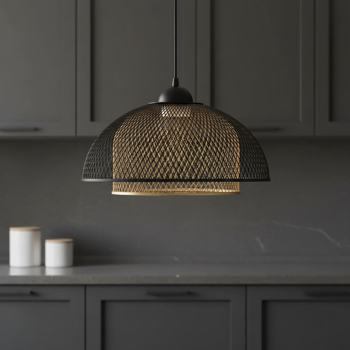 Tate LED Pendant 16", Matte Black and Brass