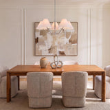 A transitional dining room with the Wallace 5 Light Chandelier 30", Brushed Nickel with white linen shades over a wood table and neutral abstract wall art.