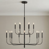 Thayer 15 Light Two-Tier Chandelier 49", Antique Iron linear chandelier in a Transitional Dining Room with neutral walls.