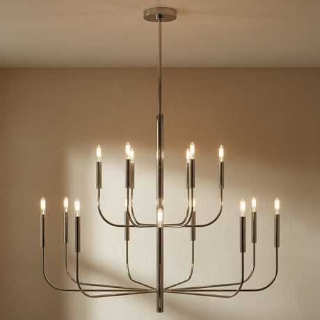 Thayer 15 Light Two-Tier Chandelier 49", Polished Nickel for Modern home with Warm Beige Stucco