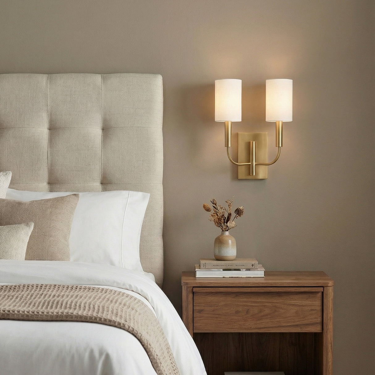 Thayer Double Wall Sconce 14", Modern Brass, styled in a Modern Bedroom with textured walls and wood accents.