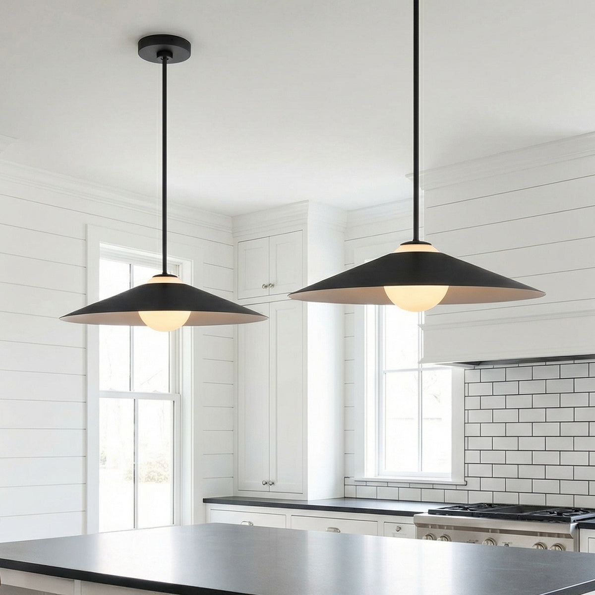 Braxton Pendant 24", Matte Black for Modern Farmhouse home with White Shiplap